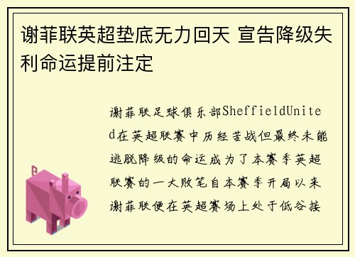 谢菲联英超垫底无力回天 宣告降级失利命运提前注定 谢菲联英超垫底无力回天 宣告降级失利命运提前注定